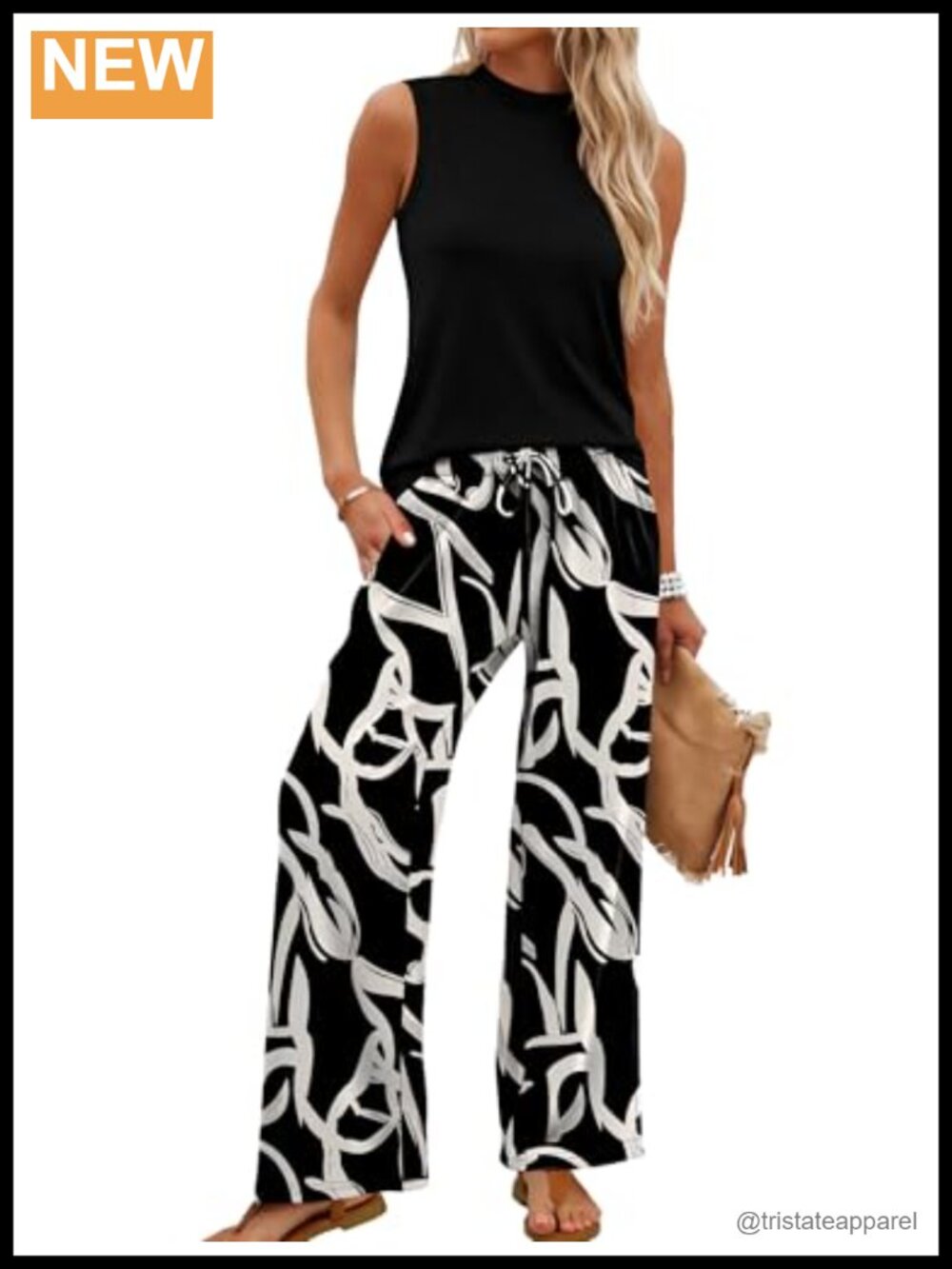 Wide Leg Pant Set Sleeveless Mock Neck Top Cropped Travel Casual